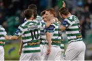 12 April 2013; Shamrock Rovers' Danny Ledwith, centre, is congratulated by team-mates Mark Quigley, Sean O'Connor,10, and James Chambers, 8, after scoring his side's first goal. Airtricity League Premier Division, Shamrock Rovers v Bray Wanderers, Tallaght Stadium, Tallaght, Co. Dublin. Picture credit: Matt Browne / SPORTSFILE