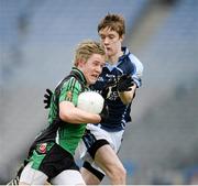 13 April 2013; Kieran McGeary Holy Trinity College, in action against Tadhg McGahern, Cnoc Mhuire Secondary School. Masita All-Ireland Senior Vocational Colleges Football 'A' Final, Cnoc Mhuire Secondary School, Granard, Co. Longford v Holy Trinity College, Cookstown, Co. Tyrone, Croke Park, Dublin. Picture credit: Ray McManus / SPORTSFILE