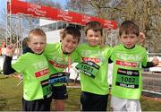 14 April 2013; The SPAR team, from left, Lee Brennan, aged 5, from Tallaght, James Donohoe, aged 10, from Blackrock, Dublin, Gavin Donohoe, aged 7, from Blackrock, Dublin, and Rory Donohoe, aged 6, from Blackrock, Dublin, after the SPAR Junior Great Ireland Run 2013. Phoenix Park, Dublin. Picture credit: Pat Murphy / SPORTSFILE