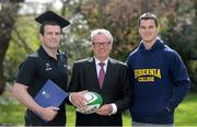 15 April 2013; IRUPA Chairman Jonathan Sexton, right, and Leinster representative Shane Jennings, with Dr. Sean Rowland, President and founder of Hibernia College, centre, who were all on hand to announce Hibernia College as the title partner of the 2013 Hibernia College IRUPA Awards. The sponsorship is part of a three year deal which will see Hibernia College strengthen their association with IRUPA not only as title sponsor of the Awards but also with a tailored offering of educational opportunities across the IRUPA membership. The Hibernia College IRUPA Awards take place at Dublin’s Burlington Hotel on Wednesday 8th May 2013. Votes have been cast by IRUPA members across the four Provinces and nominations for the awards will be announced week commencing the 22nd April 2013. Hibernia College, Clare Street, Dublin. Picture credit: Brendan Moran / SPORTSFILE