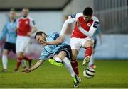 15 April 2013; Killian Brennan, St Patrick’s Athletic, in action against Paul Crowley, Shelbourne. Airtricity League Premier Division, St Patrick’s Athletic v Shelbourne, Richmond Park, Dublin. Picture credit: David Maher / SPORTSFILE