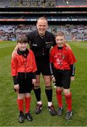 28 April 2013; Cork referee Conor Laney with 'Young Whistlers' Fiona Gallagher, aged 12, from Donabate, Dublin, and Sean Finn, aged 12, from Whitehall, Dublin. Allianz Football League Division 2 Final, Derry v Westmeath, Croke Park, Dublin. Picture credit: Ray McManus / SPORTSFILE
