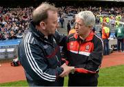 28 April 2013; Westmeath manager Pat Flanagan, left, and Derry manager Brian McIver shake hands at the end of the game. Allianz Football League Division 2 Final, Derry v Westmeath, Croke Park, Dublin. Picture credit: Oliver McVeigh / SPORTSFILE