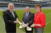 2 May 2013; Martin Donnelly, M. Donnelly & Co. Ltd, Uachtarán Chumann Lúthchleas Gael Liam Ó Néill and President of the Camogie Association Aileen Lawlor at the launch of the 2013 Poc Fada. Croke Park, Dublin. Picture credit: Barry Cregg / SPORTSFILE