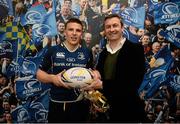 3 May 2013; Andrew Conway, is presented with the Most Valued Player Award, sponsored by Optimum Nutrition, from Kevin Windle, Optimum Nutrition, Finance Director. Celtic League 2012/13, Round 22, Leinster v Ospreys, RDS, Ballsbridge, Dublin. Picture credit: Stephen McCarthy / SPORTSFILE