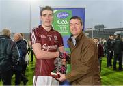 4 May 2013; Galway captain Fiontán Ó Curraoin is presented with the Cadbury Hero of the Match award by Shane Guest of Cadbury, after the final of the Cadbury GAA Football Under 21 All-Ireland Championship which saw Galway named as the champions. Cadbury GAA Football Under 21 All-Ireland Championship Final, Galway v Cork, Gaelic Grounds, Limerick. Picture credit: Diarmuid Greene / SPORTSFILE