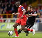 6 May 2013; Joseph Ndo, Sligo Rovers, in action against Barry Molloy, Derry City. Airtricity League Premier Division, Sligo Rovers v Derry City, The Showgrounds, Sligo. Picture credit: Oliver McVeigh / SPORTSFILE