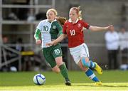 8 May 2013; Lucie Houzarova, Czech Republic, in action against Laura Mitchell, Wales. Women's U16 Development Tournament, Czech Republic v Wales. St. Kevin's Boy's FC, Shanowen Road, Dublin. Picture credit: Stephen McCarthy / SPORTSFILE