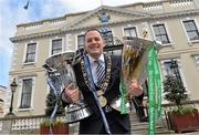 9 May 2013; Lord Mayor of Dublin Naoise Ó Muirí with the Heineken Cup and Amlin Cup before a press conference ahead of the Amlin Cup and Heineken Cup finals which take place in Dublin on Friday 17th and Saturday 18th May. Heineken Cup and Amlin Cup Press Conference, Mansion House, Dublin. Picture credit: Matt Browne / SPORTSFILE