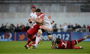 10 May 2013; Robbie Diack, Ulster, is tackled by Josh Turnbull, right, and Rob McCusker, Llanelli Scarlets. Celtic League Play-off, Ulster v Llanelli Scarlets, Ravenhill Park, Belfast, Co. Antrim. Picture credit: Oliver McVeigh / SPORTSFILE