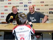 10 May 2013; Three year old Ben Best, son of Rory Best, Ulster taking pictures of Mark Anscombe, Ulster Head Coach and Rory Best at the after match Press Conference. Celtic League Play-off, Ulster v Llanelli Scarlets, Ravenhill Park, Belfast, Co. Antrim. Picture credit: Oliver McVeigh / SPORTSFILE