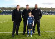 11 May 2013; Matchday mascot Joseph Neary, age 10, from Stillorgan, Dublin, with Leinster players, from left, Brendan Macken, Sean O'Brien and Leo Auva'a. Celtic League Play-off, Leinster v Glasgow Warriors, RDS, Ballsbridge, Dublin. Picture credit: Stephen McCarthy / SPORTSFILE