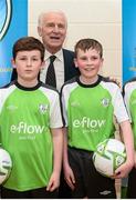 13 May 2013; Republic of Ireland manager Giovanni Trapattoni with Conor Grogan, left, and David Rawle 'aka Moone Boy' at the launch of the Leitrim eFlow FAI Summer Soccer Schools. Leitrim will host five, one week, eFlow FAI Summer Soccer Schools in Abbey Rovers FC, Carrick Town FC, Kinlough, Mohill N.S. and Manorhamilton Rangers. Leitrim Gaels Community Pitch, Leitrim Village, Co. Leitrim. Picture credit: Stephen McCarthy / SPORTSFILE