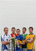 13 May 2013; Hurlers, from left, Kevin Moran, Waterford, Pa Cronin, Cork, Shane McGrath, Tipperary, Donal O'Grady, Limerick, and Enda Barrett, Clare, in attendance at the launch of the 2013 Munster Senior Hurling and Football Championships. Mallow GAA Complex, Mallow, Co. Cork. Picture credit: Brendan Moran / SPORTSFILE