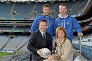 16 May 2013; GAA stars Eoin Cadogan, Séamus Hennessy and Darran O’Sullivan joined Joan Freeman, CEO of Pieta House, to announce details of the partnership between the suicide crisis charity and the Gaelic Players Association. This partnership means that the GPA is pledging its support to the Mind Our Men campaign which aims to reduce male suicide in Ireland. In attendance at the announcement are, clockwise from left, Dessie Farrell, CEO of the GPA, Cork footballer Eoin Cadogan, Tipperary hurler Séamus Hennessy and Joan Freeman, CEO of Pieta House. Croke Park, Dublin. Picture credit: Barry Cregg / SPORTSFILE