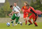 15 May 2013; Shane Elworthy, Republic of Ireland, in action against Ilkan Cavus, Belgium. UEFA Men’s U16 Development Tournament, Belgium v Republic of Ireland, Oscar Traynor Development Centre, Oscar Traynor Road, Coolock, Dublin. Picture credit: Barry Cregg / SPORTSFILE