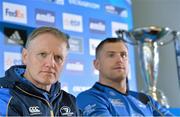 16 May 2013; Leinster head coach Joe Schmidt, left, and captain Jamie Heaslip during a press conference ahead of their Amlin Challenge Cup final against Stade Francais on Friday. Leinster Rugby Press Conference, RDS, Ballsbridge, Dublin. Picture credit: Matt Browne / SPORTSFILE