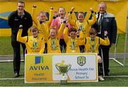 16 May 2013; The Whitecastle National School, Innishowen, Co Donegal, team, pictured with Cathal Sheridan, Aviva, and Alex Harkin, FAI Schools treasurer,  celebrate after winning Girl's Section B. Aviva Health FAI Primary School 5's, Ulster Finals, Monaghan United FC, Gortakeegan, Monaghan. Picture credit: Oliver McVeigh / SPORTSFILE