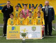 16 May 2013; The Scoil Iosagain National School, Buncrana, Innishowen, Co. Donegal, team, pictured with Cathal Sheridan, Aviva, and Alex Harkin, FAI Schools treasurer, celebrate after winning Boy's Section C. Aviva Health FAI Primary School 5's, Ulster Finals, Monaghan United FC, Gortakeegan, Monaghan. Picture credit: Oliver McVeigh / SPORTSFILE