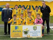 16 May 2013; The Mullahoran National School, Cavan, team, pictured with Alex Harkin, FAI Schools treasurer and Cathal Sheridan, Aviva, celebrate after winning the Boy's Section A. Aviva Health FAI Primary School 5's, Ulster Finals, Monaghan United FC, Gortakeegan, Monaghan. Picture credit: Oliver McVeigh / SPORTSFILE