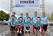 17 May 2013; Cyclists from Cork, top row, from left, David Merriman, Mark Pierce, William O'Gorman, Ian Smith and Adam Carey, front row, from left, Brian Sullivan, Orla McCarthy, Ruth Hoolahan and James Murphy, after they crossed the finish line during the National Make-A-Wish Bank of Ireland cycle. National Make-A-Wish Bank of Ireland Cycle, Hodson Bay Hotel, Athlone, Co. Westmeath. Picture credit: Diarmuid Greene / SPORTSFILE