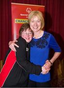 18 May 2013; Bridget Walsh, left, a member of Special Olympics Castlebar, Co. Mayo, with Mary Davis, Chairperson, Special Olympics Ireland, after the 2013 Special Olympics AGM. Red Cow Moran Hotel, Naas Road, Dublin. Picture credit: Ray McManus / SPORTSFILE