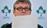 19 May 2013; Ireland interim head coach Les Kiss reads out the squads for the North American and Emerging Ireland tours during a press conference ahead of the 2013 Tour of North America in June. Ireland Rugby Press Conference, Aviva Stadium, Lansdowne Road, Dublin. Picture credit: Brendan Moran / SPORTSFILE