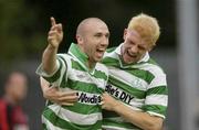 18 July 2003; Shamrock Rovers' Tony Grant, left, celebrates his goal with team-mate Glenn Fitzpatrick. eircom league, Premier Division, Shamrock Rovers v Longford Town, Richmond Park, Dublin. Picture credit; Matt Browne / SPORTSFILE *EDI*