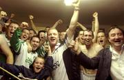 19 July 2003; The Fermanagh team, led by manager Dominic Corrigan, celebrate after victory over Mayo. Bank of Ireland Senior Football Championship qualifier, Mayo v Fermanagh, Markievicz Park, Sligo. Picture credit; Damien Eagers / SPORTSFILE *EDI*