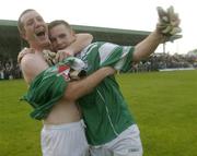 19 July 2003; Fermanagh goalkeeper Ronan Gallagher, left, and Martin McGrath celebrate after victory over Mayo. Bank of Ireland Senior Football Championship qualifier, Mayo v Fermanagh, Markievicz Park, Sligo. Picture credit; Damien Eagers / SPORTSFILE *EDI*