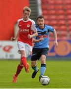 28 May 2013; Christopher Forrester, St. Patrick’s Athletic, in action against Dean Clarke, UCD. Airtricity League Premier Division, St. Patrick’s Athletic v UCD, Tolka Park, Dublin. Picture credit: Barry Cregg / SPORTSFILE