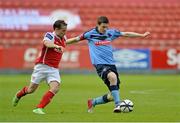 28 May 2013; David O'Connor, UCD, in action against Christyn Fagan, St. Patrick’s Athletic. Airtricity League Premier Division, St. Patrick’s Athletic v UCD, Tolka Park, Dublin. Picture credit: Barry Cregg / SPORTSFILE