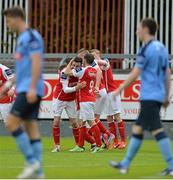 28 May 2013; St. Patrick’s Athletic's Killian Brennan, left, celebrates with Christy Fagan, right, and other team-mates after scoring his side's first goal of the game. Airtricity League Premier Division, St. Patrick’s Athletic v UCD, Tolka Park, Dublin. Picture credit: Barry Cregg / SPORTSFILE