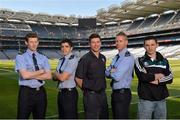 30 May 2013; Senior county footballers, from left, David Clarke, Mayo, Emlyn Mulligan, Leitrim, Peter Turley, Down, Denis Glennon, Westmeath, and Eamonn O'Callaghan, Kildare, at Croke Park. WPFG organisers were at GAA headquarters to meet officers representing the Garda, Irish Fire Services, Prison, Customs and Coastguard Services to profile opportunities for competitors and spectators at this year’s World Police and Fire Games. The Games, a biennial event for serving and retired police, fire, prison and border security officers will take place in Northern Ireland from 1st-10th of August. Visit www.2013wpfg.com for more information. Croke Park, Dublin. Picture credit: Brian Lawless / SPORTSFILE