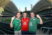 1 June 2013; British & Irish Lions supporters, from left, Fergus Dooher, from Dundalk, Co. Louth, with Michael Doyle and Larry O'Brien, from Tullow, Co. Carlow, ahead of the game. British & Irish Lions Tour 2013, Barbarians v British & Irish Lions, Hong Kong Stadium, So Kon Poh, Hong Kong, China. Picture credit: Stephen McCarthy / SPORTSFILE