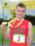 1 June 2013; Marcus Lawler, CBS Carlow, with his gold medals after winning the 100m and 200m Senior boys events at the Aviva Irish Schools Track and Field Championships 2013. Tullamore Harriers, Tullamore, Co. Offaly. Picture credit: Tomás Greally / SPORTSFILE