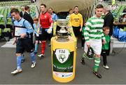 2 June 2013; The two captains John Meleady, left, Kilbarrack FC, and Paul Murphy, Sheriff YC, walk out for the start of the game. FAI Junior Cup Final, in association with Umbro and Aviva, Sheriff YC v Kilbarrack FC, Aviva Stadium, Lansdowne Road, Dublin. Picture credit: David Maher / SPORTSFILE