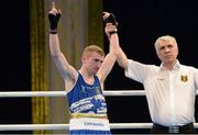 4 June 2013; Paddy Barnes, Ireland, is declared the winner over John Williams, Wales, after their 49kg Light Flyweight bout. EUBC European Men's Boxing Championships 2013, Minsk, Belarus. Photo by Sportsfile