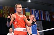 4 June 2013; Tommy McCarthy, Ireland, celebrates after beating Tomi Honka, Finland, in their 91kg Heavyweight bout. EUBC European Men's Boxing Championships 2013, Minsk, Belarus. Photo by Sportsfile