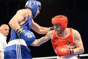 4 June 2013; Jason Quigley, right, Ireland, exchanges punches with Arbi Chakaev, Austria, during their 75kg Middleweight bout. EUBC European Men's Boxing Championships 2013, Minsk, Belarus. Photo by Sportsfile