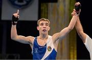 5 June 2013; Michael Conlan, Ireland, is declared the winner over Siarhei Loban, Belarus, after their 52kg Flyweight quarter-final bout. EUBC European Men's Boxing Championships 2013, Minsk, Belarus. Photo by Sportsfile