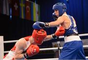 5 June 2013; Michael Conlan, right, Ireland, exchanges punches with Siarhei Loban, Belarus, during their 52kg Flyweight quarter-final bout. EUBC European Men's Boxing Championships 2013, Minsk, Belarus. Photo by Sportsfile