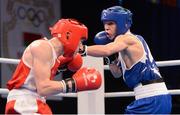 5 June 2013; Michael Conlan, right, Ireland, exchanges punches with Siarhei Loban, Belarus, during their 52kg Flyweight quarter-final bout. EUBC European Men's Boxing Championships 2013, Minsk, Belarus. Photo by Sportsfile