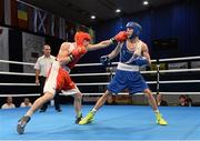 5 June 2013; Siarhei Loban, right, Belarus, exchanges punches with Michael Conlan, Ireland, during their 52kg Flyweight quarter-final bout. EUBC European Men's Boxing Championships 2013, Minsk, Belarus. Photo by Sportsfile