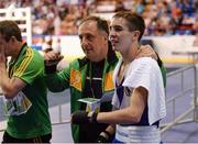 5 June 2013; Michael Conlan, Ireland, with coach Zuar Antia, after victory over Siarhei Loban, Belarus, in their 52kg Flyweight quarter-final bout. EUBC European Men's Boxing Championships 2013, Minsk, Belarus. Photo by Sportsfile