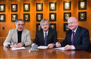 7 June 2013; Sean Benton, left, Chairman, National Sports Campus Development Authority, Ard Stiúrthoir Paraic Duffy and Barry O'Brien, right, Chief Executive Officer, National Sports Campus Development Authority. Coiste Bainistí Room, Croke Park, Dublin. Picture credit: Ray McManus / SPORTSFILE