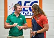 7 June 2013; Ireland captain Peter O'Mahony and USA captain Todd Clever, right, before a pre-match press conference in the BBVA Compass Stadium, Houston, ahead of their game against the USA. Ireland Rugby Summer Tour 2013. BBVA Compass Stadium, Houston, Texas, USA. Picture credit: Brendan Moran / SPORTSFILE