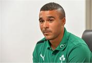 8 June 2013; Ireland's Simon Zebo is interviewed after he was called up to the British & Irish Lions squad after an injury to fellow countryman Tommy Bowe. Ireland Rugby Summer Tour 2013, Houston, Texas, USA. Picture credit: Brendan Moran / SPORTSFILE