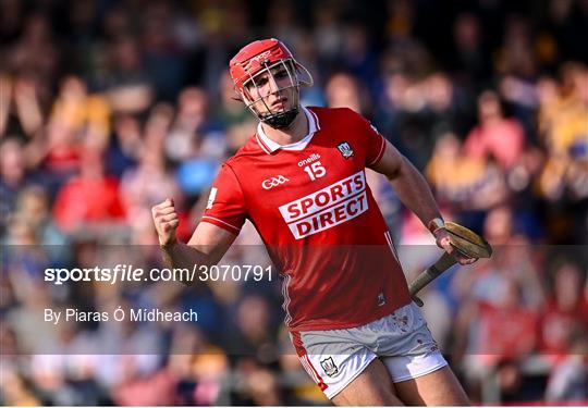 9 March 2025; Brian Hayes of Cork celebrates scoring his side's third goal during the Allianz Hurling League Division 1A match between Clare and Cork at Zimmer Biomet Páirc Chíosóg in Ennis, Clare. Photo by Piaras Ó Mídheach/Sportsfile