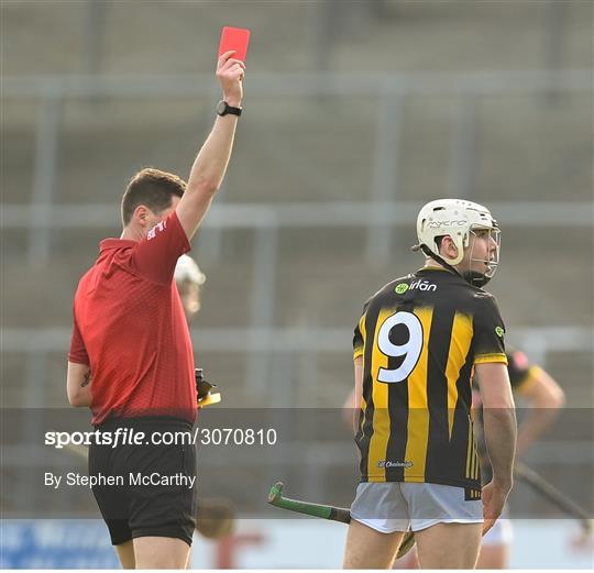 9 March 2025; Jordan Molloy of Kilkenny is shown a red card by referee Sean Stack during the Allianz Hurling League Division 1A match between Kilkenny and Tipperary at UPMC Nowlan Park in Kilkenny. Photo by Stephen McCarthy/Sportsfile